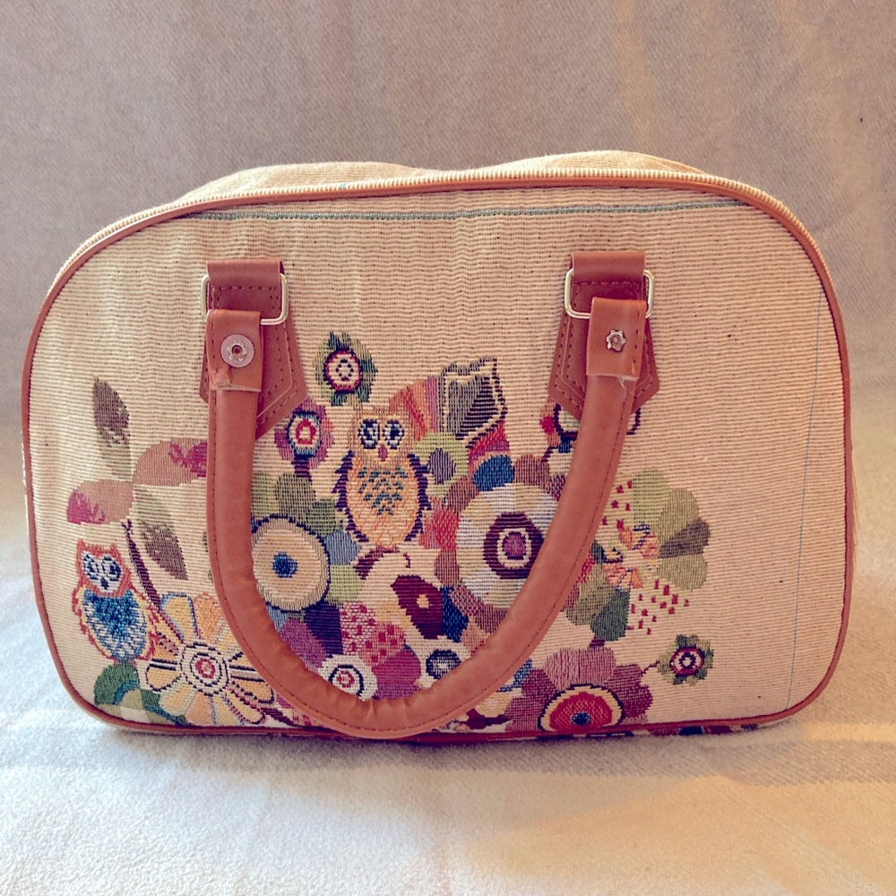 Vintage‎ Floral Tapestry Satchel Shoulder Bag Embroidered Owl Retro Colorful 90s